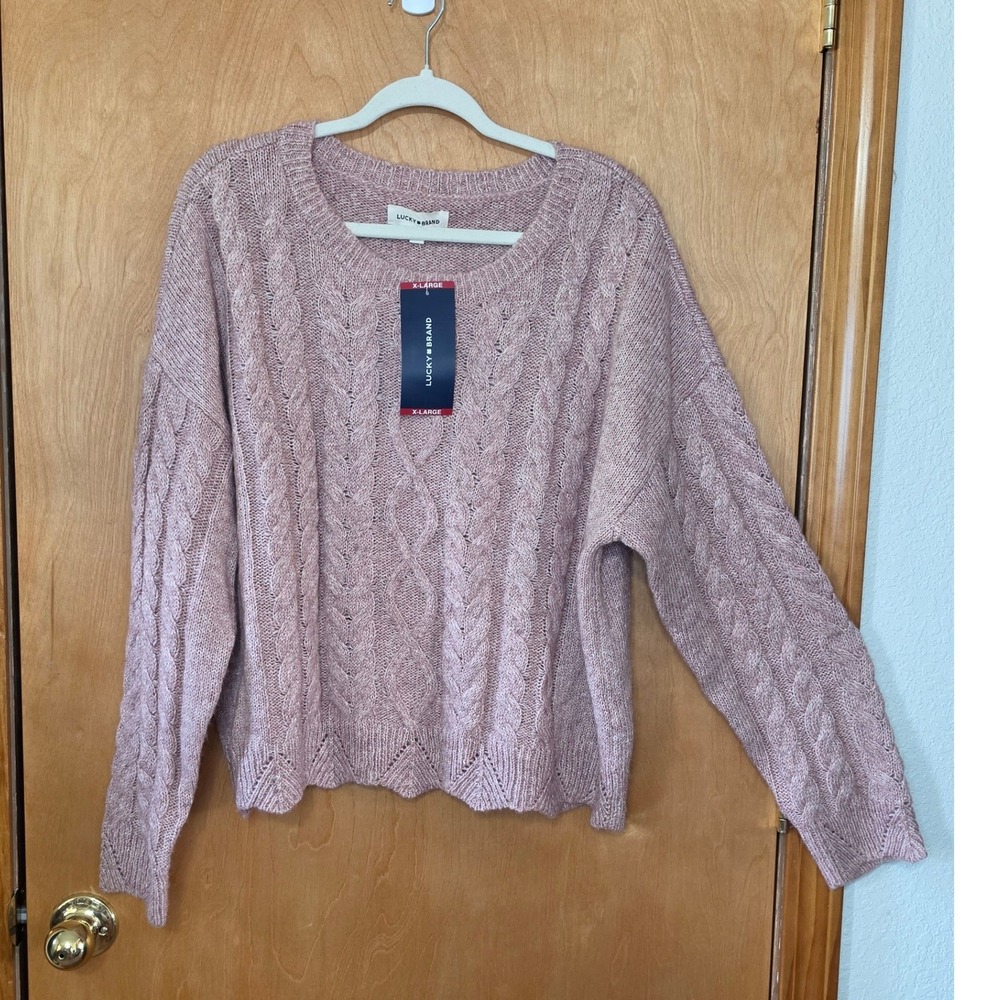 Lucky Brand Pink Cable Knit Metallic Scallop Hem Sweater XL Cable Knit Fall NWT